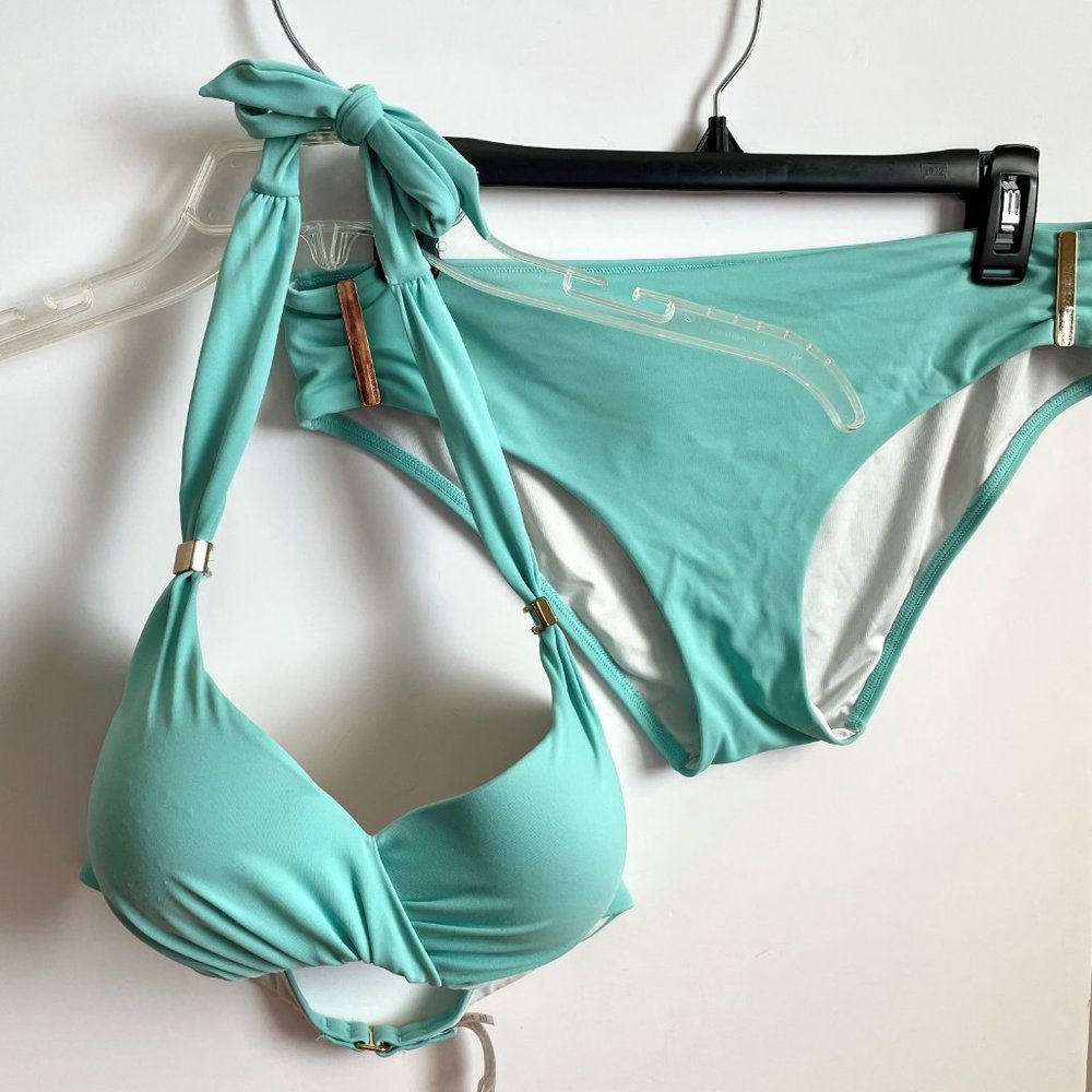 Victoria's Secret Swim Bikini Halter Top & Bottom 2 Piece SET 34C/M Blue Green